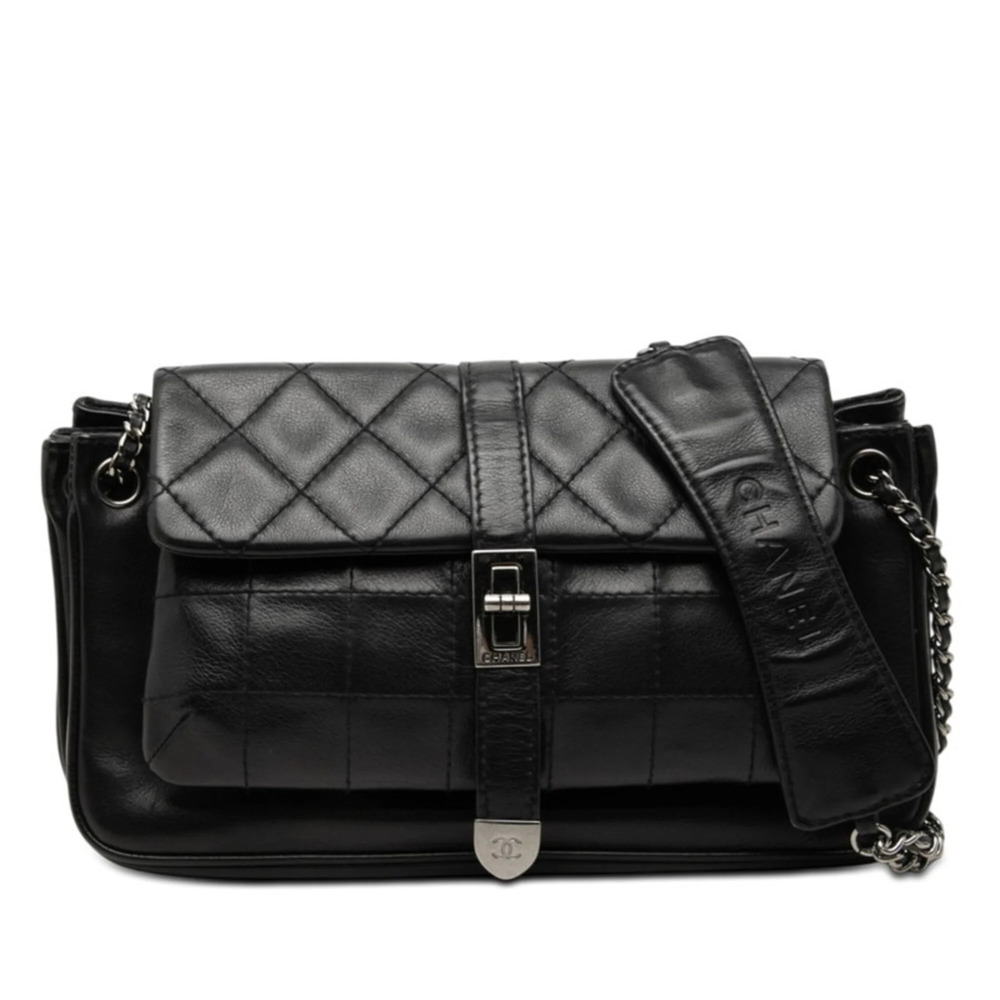 CHANEL Black Lambskin Leather Logo Shoulder Bag